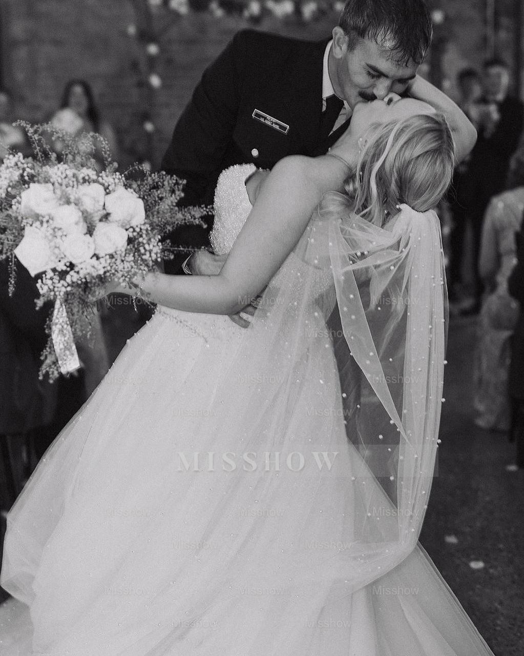 Charming White A-Line Strapless Beaded Sleeveless Tulle Long Wedding Dress With Pearls