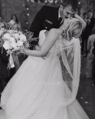 Charming White A-Line Strapless Beaded Sleeveless Tulle Long Wedding Dress With Pearls