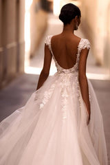 Charming White A-Line V-Neck Cap Sleeve Backless Sweep Train Tulle Wedding Dresses With Appliques