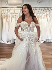 Charming White A-Line V-Neck Off-The-Shoulder Sleeveless Sweep Train Tulle Wedding Dresses With Appliques