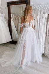Charming White A-Line V-Neck Off-The-Shoulder Sleeveless Sweep Train Tulle Wedding Dresses With Appliques