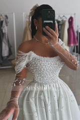 Charming White A-line Strapless Off-The-Shoulder Sleeveless Beaded Front Split Long Satin Evening Dresses with Pearls