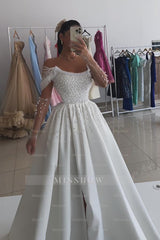 Charming White A-line Strapless Off-The-Shoulder Sleeveless Beaded Front Split Long Satin Evening Dresses with Pearls