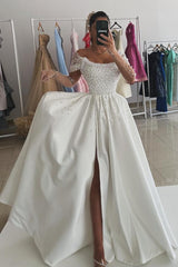 Charming White A-line Strapless Off-The-Shoulder Sleeveless Beaded Front Split Long Satin Evening Dresses with Pearls