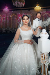 White square beaded ball gown wedding dress