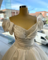 Charming White Ball Gown Strapless Off-The-Shoulder Sleeveless Crystals Ruffles Beaded Long Satin Wedding Dress