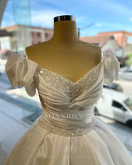 Charming White Ball Gown Strapless Off-The-Shoulder Sleeveless Crystals Ruffles Beaded Long Satin Wedding Dress