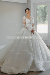 Charming White Ball Gown V-Neck Long Sleeves Cathedral Train Lace Wedding Dresses With Appliques