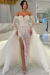 Charming White Column Sweetheart Off-The-Shoulder Long Sleeves Panel Train Lace Wedding Dresses With Slit