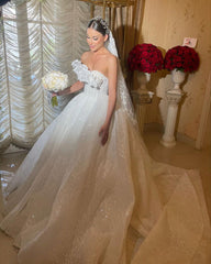 Charming White Lace Ball Gown Strapless Sleeveless Ruffles Sequined Cathedral Train Wedding Dress