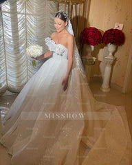 Charming White Lace Ball Gown Strapless Sleeveless Ruffles Sequined Cathedral Train Wedding Dress