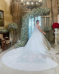 Charming White Lace Ball Gown Strapless Sleeveless Ruffles Sequined Cathedral Train Wedding Dress