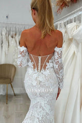 Charming White Lace Mermaid Sweetheart Off-The-Shoulder Long Sleeves Cathedral Train Wedding Dresses