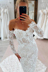 Charming White Lace Mermaid Sweetheart Off-The-Shoulder Long Sleeves Cathedral Train Wedding Dresses