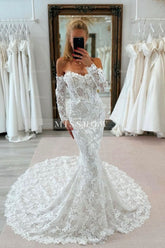 Charming White Lace Mermaid Sweetheart Off-The-Shoulder Long Sleeves Cathedral Train Wedding Dresses