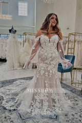 Charming White Lace Mermaid Sweetheart Sleeveless Sweep Train Tulle Wedding Dresses With Appliques