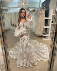 Charming White Lace Mermaid Sweetheart Sleeveless Sweep Train Tulle Wedding Dresses With Appliques