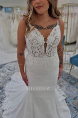 Charming White Lace Mermaid V-Neck Spaghetti Strap Sleeveless Backless Cathedral Train Satin Wedding Dresses