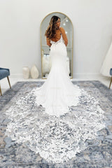 Charming White Lace Mermaid V-Neck Spaghetti Strap Sleeveless Backless Cathedral Train Satin Wedding Dresses