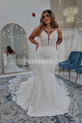 Charming White Lace Mermaid V-Neck Spaghetti Strap Sleeveless Backless Cathedral Train Satin Wedding Dresses