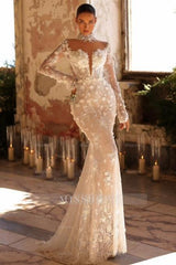 Charming White Mermaid High Neck Long Sleeves Lace Tulle Wedding Dresses With Handmake Flowers