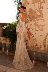 Charming White Mermaid High Neck Long Sleeves Lace Tulle Wedding Dresses With Handmake Flowers