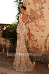 Charming White Mermaid High Neck Long Sleeves Lace Tulle Wedding Dresses With Handmake Flowers