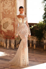 Charming White Mermaid High Neck Long Sleeves Lace Tulle Wedding Dresses With Handmake Flowers