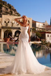Charming White Mermaid Strapless Sleeveless Beaded Tulle Wedding Dress With Appliques