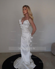 Charming White Mermaid Sweetheart Sleeveless Long Satin Wedding Dresses With Handmade Flowers