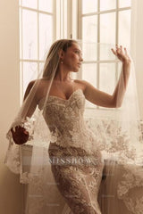 Charming White Mermaid Sweetheart Sleeveless Sweep Train Tulle Lace Wedding Dresses With Appliques