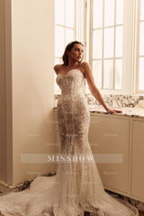 Charming White Mermaid Sweetheart Sleeveless Sweep Train Tulle Lace Wedding Dresses With Appliques