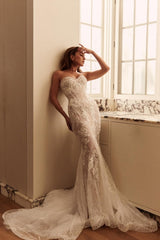 Charming White Mermaid Sweetheart Sleeveless Sweep Train Tulle Lace Wedding Dresses With Appliques