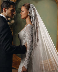 Charming White Mermaid V-Neck Long Sleeves Beaded Sweep Train Lace Wedding Dresses