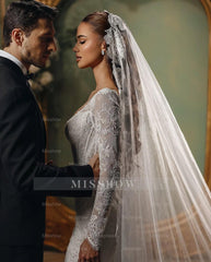 Charming White Mermaid V-Neck Long Sleeves Beaded Sweep Train Lace Wedding Dresses