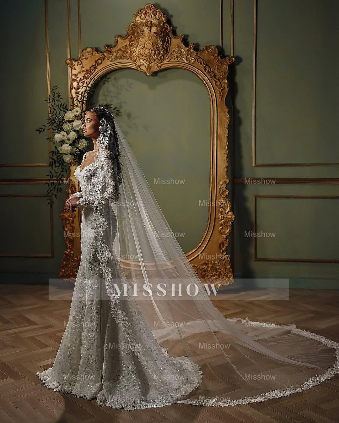 Charming White Mermaid V-Neck Long Sleeves Beaded Sweep Train Lace Wedding Dresses