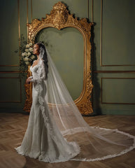 Charming White Mermaid V-Neck Long Sleeves Beaded Sweep Train Lace Wedding Dresses