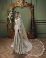Charming White Mermaid V-Neck Long Sleeves Beaded Sweep Train Lace Wedding Dresses