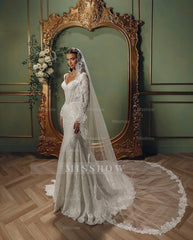 Charming White Mermaid V-Neck Long Sleeves Beaded Sweep Train Lace Wedding Dresses