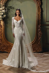 Charming White Mermaid V-Neck Long Sleeves Beaded Sweep Train Lace Wedding Dresses