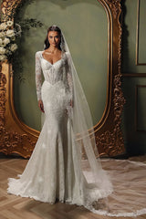 Charming White Mermaid V-Neck Long Sleeves Beaded Sweep Train Lace Wedding Dresses