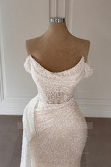 Charming White Strapless Off-The-Shoulder Sleeveless Sequined Ruffle Long Tulle Wedding Dresses