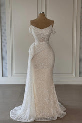 Charming White Strapless Off-The-Shoulder Sleeveless Sequined Ruffle Long Tulle Wedding Dresses
