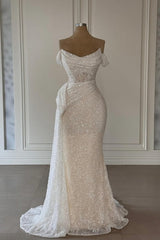 Charming White Strapless Off-The-Shoulder Sleeveless Sequined Ruffle Long Tulle Wedding Dresses