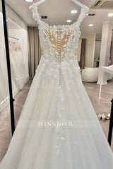 Charming White Sweetheart Spaghetti Strap A-Line Sequined Sleeveless Court Train Tulle Wedding Dresses With Appliques