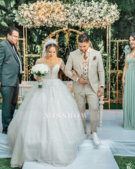 Charming White V-Neck Ball Gown Long Sleeves Sequined Long Tulle Wedding Dresses With Appliques