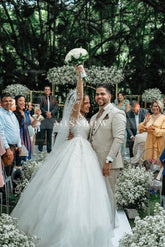 Charming White V-Neck Ball Gown Long Sleeves Sequined Long Tulle Wedding Dresses With Appliques