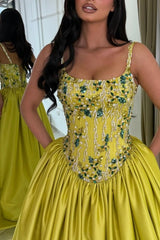 Chartreuse Satin Ball Gown Evening Dress Spaghetti Straps Sheer Beaded Corset Bodice Jewel Floral Embroidery Formal Gown with Pockets