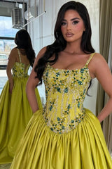 Chartreuse Satin Ball Gown Evening Dress Spaghetti Straps Sheer Beaded Corset Bodice Jewel Floral Embroidery Formal Gown with Pockets