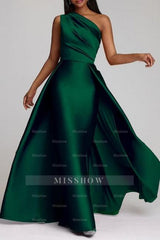 Chic A-Line One-shoulder Sleeveless Panel Train Satin Floor-Length Simple Prom Dresses